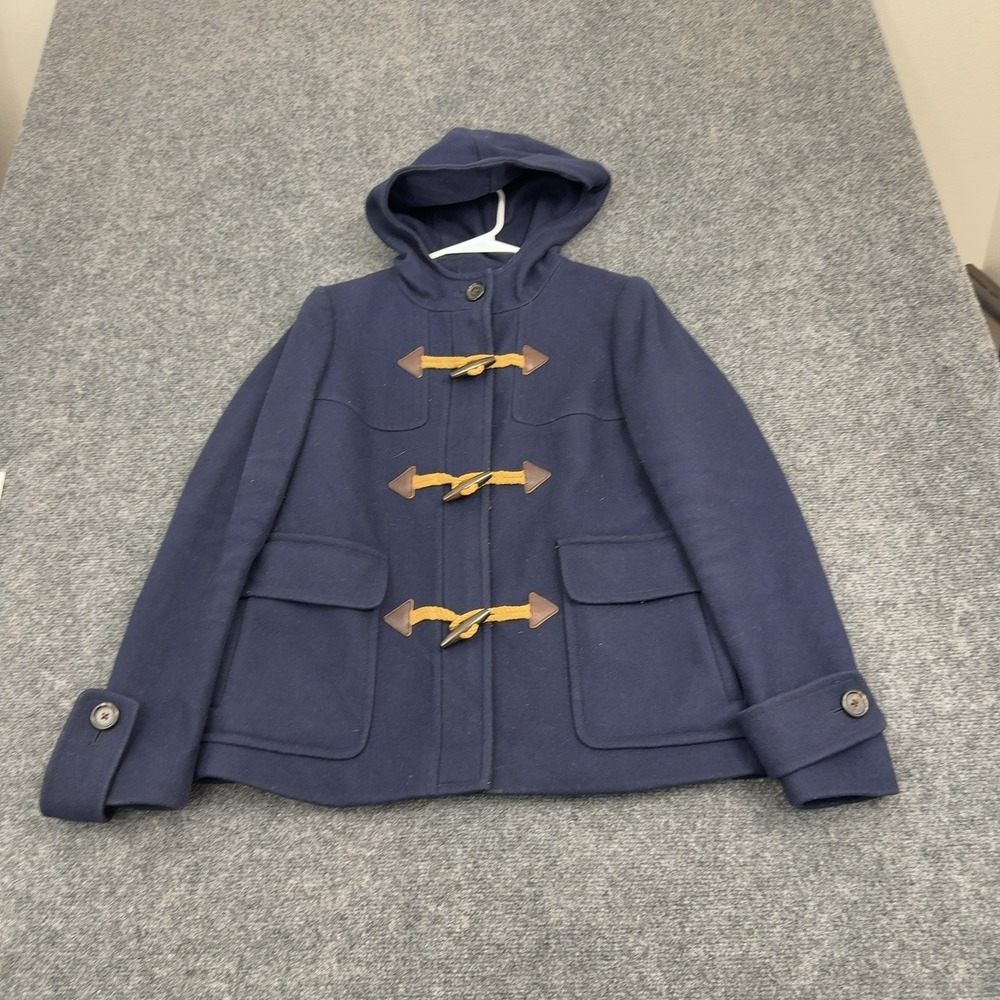 J Crew Duffle Coat Women 4 Navy Melton Wool Hooded Toggle Classic Preppy